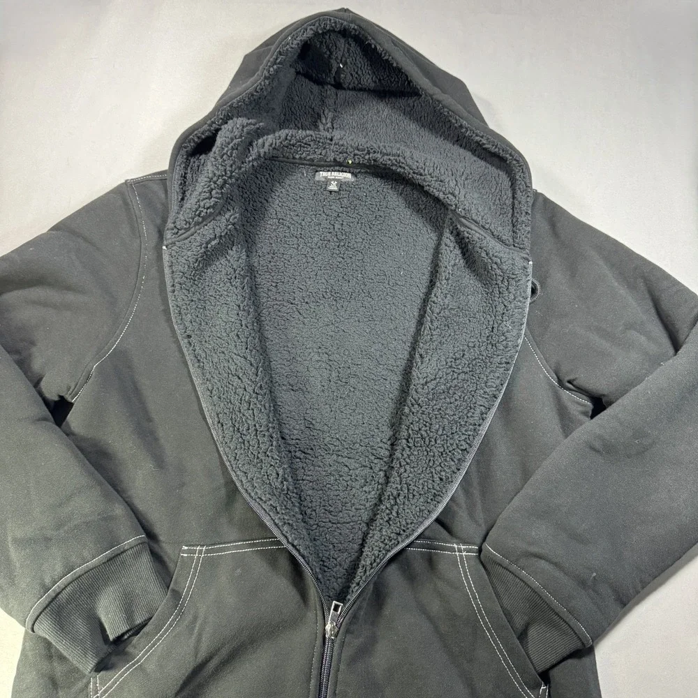 True Religion Mens Black Sherpa Lined Full Zip Hoodie Buddha Guitar Large L